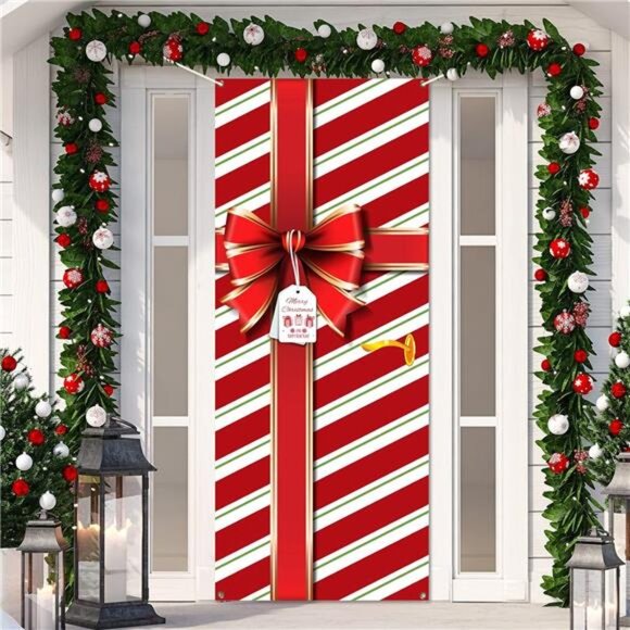 Christmas Door Cover Decoration Merry Box Bowknot Photography Backdrop Outdoor - Picture 1 of 7